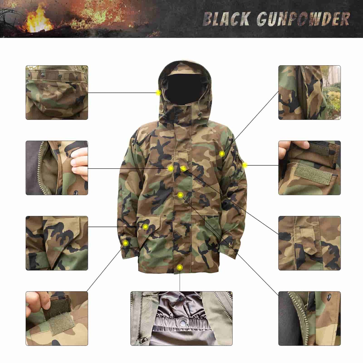 Black Gunpowder U.S. Woodland Hooded Windproof Field Jacket With Detachable Warm Fleece Lining