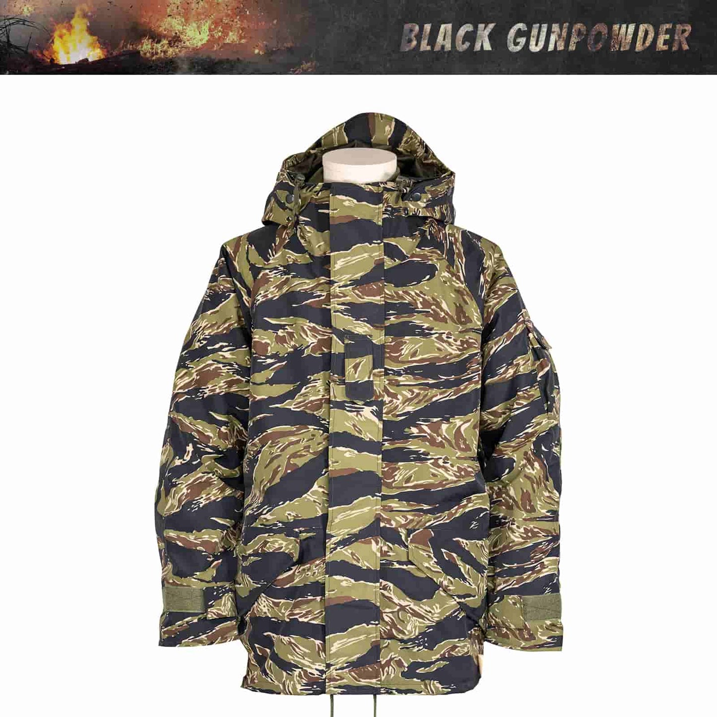 Black Gunpowder Tiger Stripe Hooded Windproof Field Jacket With Detachable Warm Fleece Lining