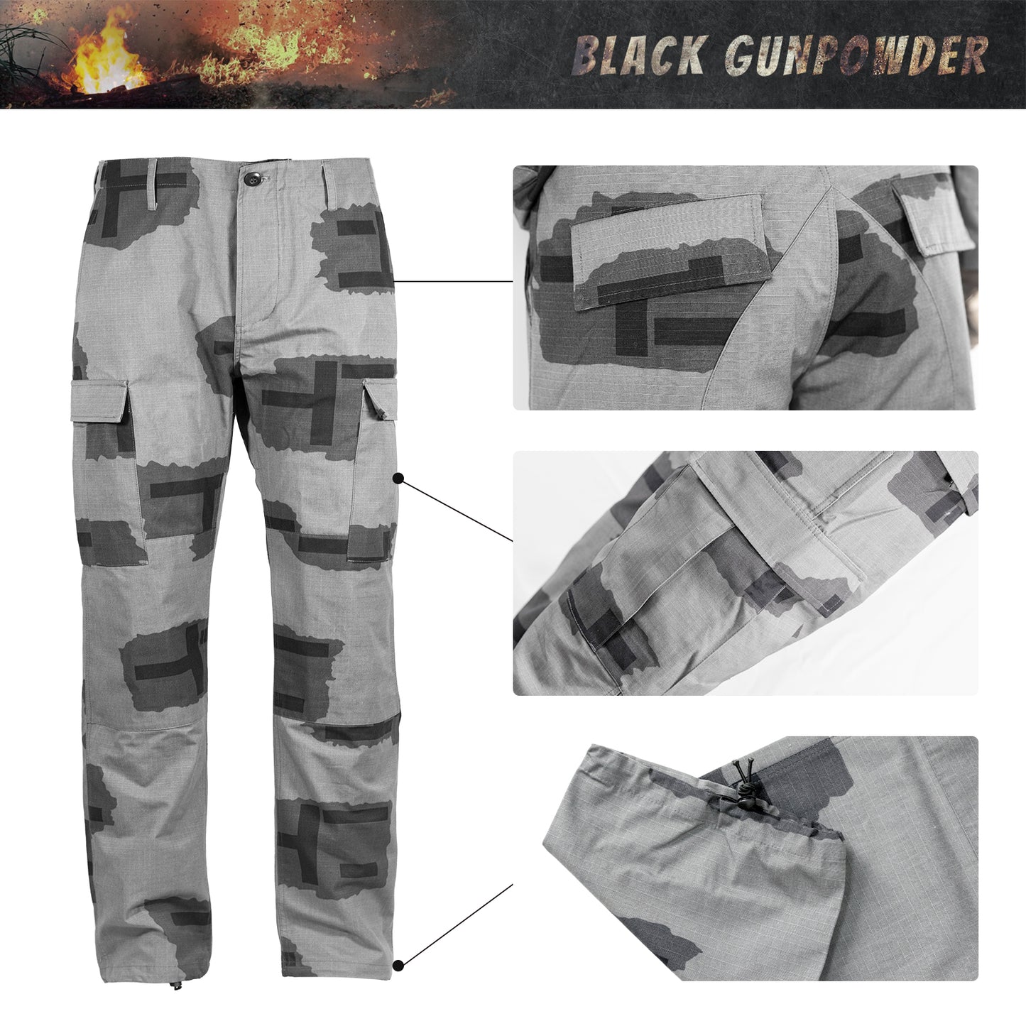 Black Gunpowder BDU Uniform Pants Men Tactical Camo Military Paintball Airsoft Hunting Hiking Outdoor